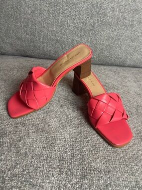 Women's coral Woven Block Heel Slide Sandals